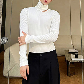 AIDASE  -  Hole High Collar Long-Sleeved T-Shirt For Men Autumn Fashion Slim Solid Color Top Korean Style All-Match Tight Bottoming Shirt aidase-shop